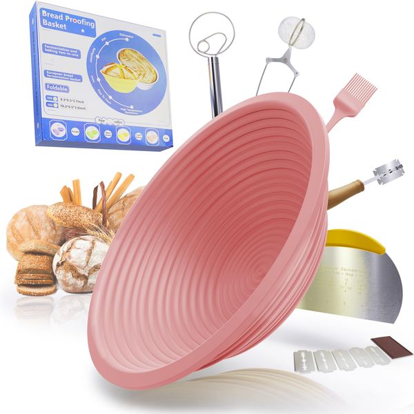 Sourdough Bread Baking Supplies Set, Sourdough Bread Guard Basket, 9" Round Bread Proofing Basket, Foldable Bread Proofing Bowl, Set for Sourdough Bread Baking, Cream Pink