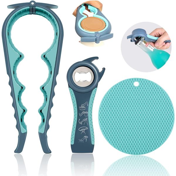 Jar Opener for Weak Hands, Seniors with Arthritis, 5 in 1 3-piece set, Blue