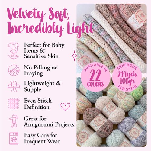Chenillique Velvet Chenille Yarn for Crocheting, 4 Skeins, 856Yds/400G, Free Patterns, Beginners Friendly - Soft Baby Yarn for Knitting Baby Blanket - #4 Medium Worsted Weight - Cloud Sprinkles
