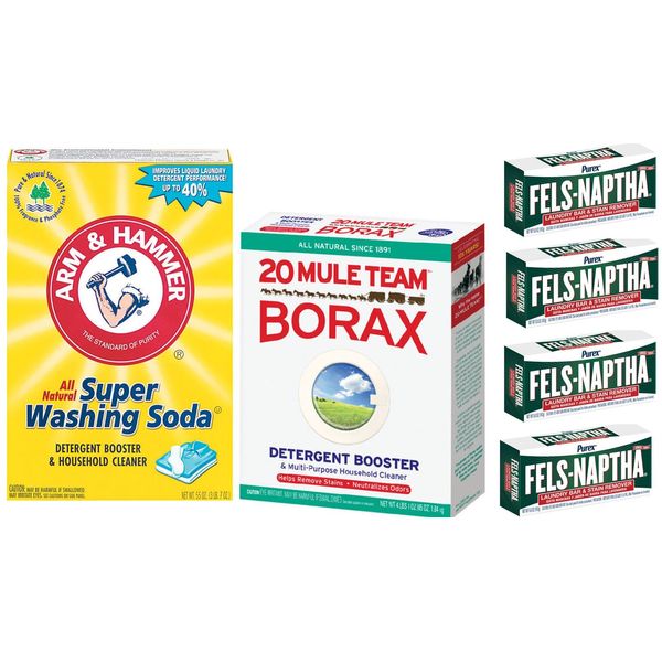 Laundry Soap Kit - Fels Naptha 4 bars, 20 Mule Team Borax Natural Laundry Booster, & Arm & Hammer Super Washing Soda