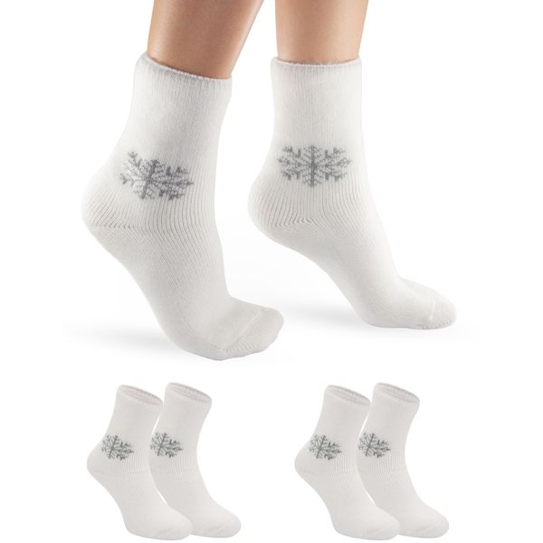 OCERA SUPER THERMO Socken für Damen, 2 Paar Ultra Warme Wintersocken mit flauschigem Innenfutter, Schneeflocken Motiv, TOG Vollplüsch, Extrem Heat, in Ecru Gr. 35-38