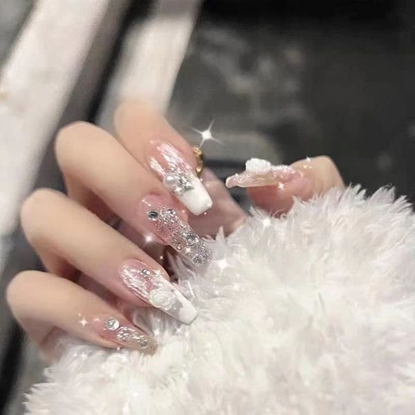 AAGWW Nail Tips, Berry Short, False Nails, Long, Coming-of-Age Ceremony, Mat, False Nails, Cute, Beautiful Shell Supplies, Workshop, Glue Design (Color: Ice Transparent Camellia Drill, Product Contents: 24 Nail Art + Glue)