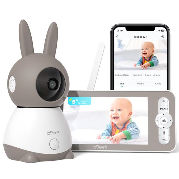 ieGeek 2K Wifi Baby Monitor with Camera and Night Vision, Phone App & 5" Split Screen&App Control, 3000mAh Battery, Automatic tracking, Vox Mode, PTZ, Crying Detection, Humidity & Temperature Sensor