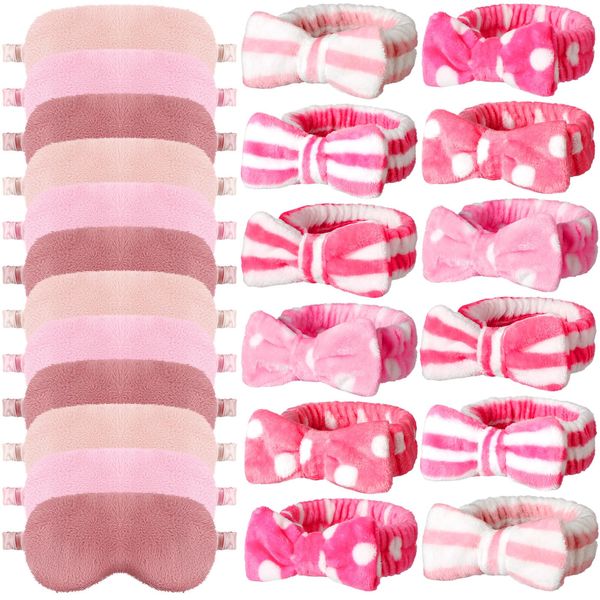 Newcotte 24 Pcs Sleepover Party Supplies for Girls, Includes 12 Pcs Plush Sleep Eye Mask and 12 Pcs Bow Hair Band, Plush Bow Headbands, Fur Face Wash Headband Faux Fur Mask for Women (Cute Style)