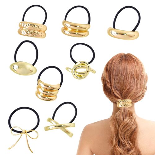 Pack of 6 Gold Metal Hair Ties, Metal Geometric Elastic Hair Ties, Geometric Golden Scrunchies, Metal Hair Scrunchies, Suitable for Any Style and Outfit