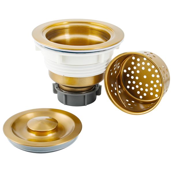 LQS Kitchen Sink Drain Strainer Assembly, Sink Drain 304 Stainless Steel with Removable Deep Waste Basket and Sealing Lid 3-1/2-inch Golden