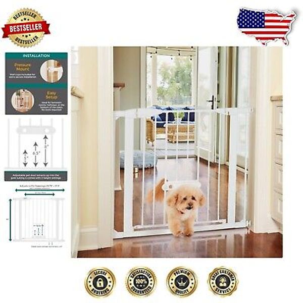 30” Tall White Metal Pet Gate with Adjustable Door for Dogs & Cats, Easy Mount