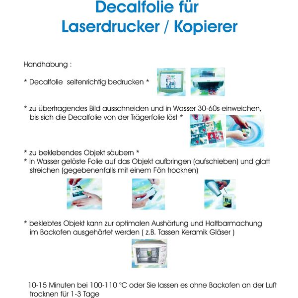 Print4Life Wasserschiebefolie Decal Folie Keramikfolie Transfer Papier Wasserabschiebefolie für Laserdrucker Kopierer weiß