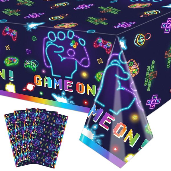 Hegbolke 4Pcs Video Game Party Tablecloth, Neon Game On Table Covers, Rectangular Table Decoration Gaming Night Birthday Party Decorations for Kids Boys Girls, 51x107Inch