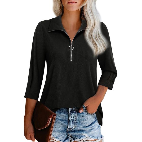 Vivilli Womens Blouses and Tops Dressy,Black Polo Shirt Women,Womens 3/4 Sleeve Tops and Blouses Business Casual Shirts Zipper Tunics Trendy Fall Tops Womens Collared Shirts Knit Tops Black M