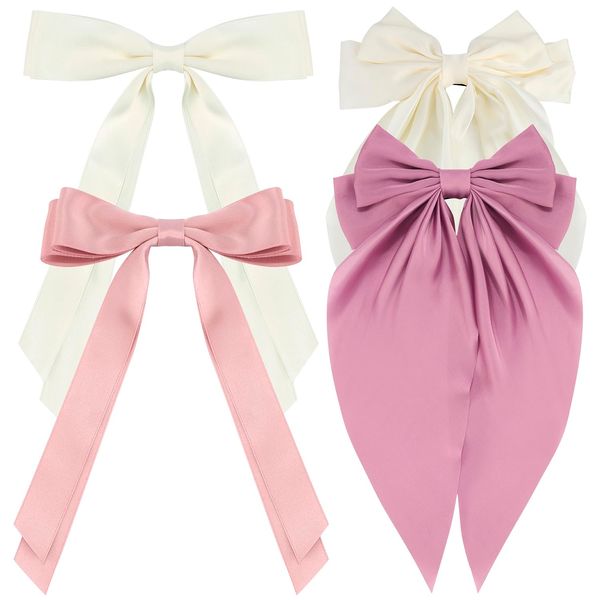 Atoden Hair Bows 4Pcs Silky Satin Hair Ribbons Cute Coquette Bows Oversized Long Tail Bow Hair Barrettes Metal Clips Bowknot Hair Accessories for Women Teen Girl Gifts Trendy Stuff Beige Pink Purple