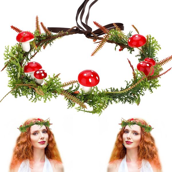 MOSTORY Mushroom Flower Headband Fairy Woodland Crown Headpiece Mossy Holly Circlet Tiara Red Mushrooms Hair Wreath Christmas Crown for Women Womens Renaissance Festival Costume Accessories