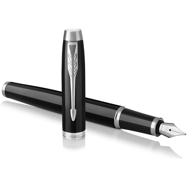 Parker IM Fountain Pen | Black Lacquer with Chrome Trim | Medium Nib with Blue Ink Refill | Gift Box