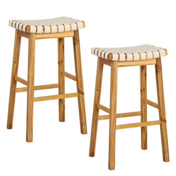 Faux PU Leather Bar Stools Set of 2 with Woven Curved Seat Natural-31 inches