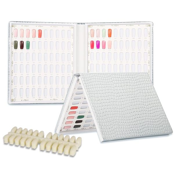 BNG 120 Nagellack Display Buch Profi Nagel Farbkarte Palette Gellack Präsentation mit 120 Stück Nagel Tipps, Leder Buch Nagel Praxis Design Planke für DIY Nagelkunst Salons Satz, Silber