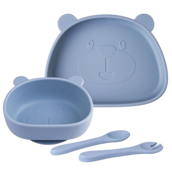 Suction Baby Plate and Bowl Set with Fork Spoon, Silicone Baby Led Weaning Supplies for Toddler Self Feeding, BPA Free Dishwasher and Microwave Safe (Dusty Blue)