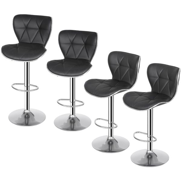 Set of 4 Black Bar Stools w/Shell Back PU Leather Back Adjustable Swivel Stools