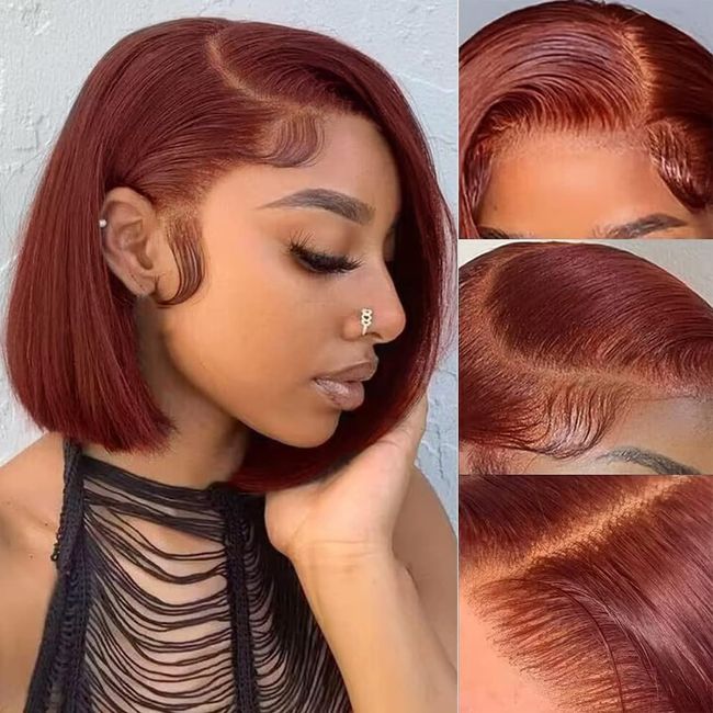 RQY Reddish Brown Bob Wig Human Hair, 8inch Short Straight Bob Lace Front Wigs Human Hair 180% Density13X4 Lace Frontal Colored Bob Wig Per Plucked with Baby Hair for Women