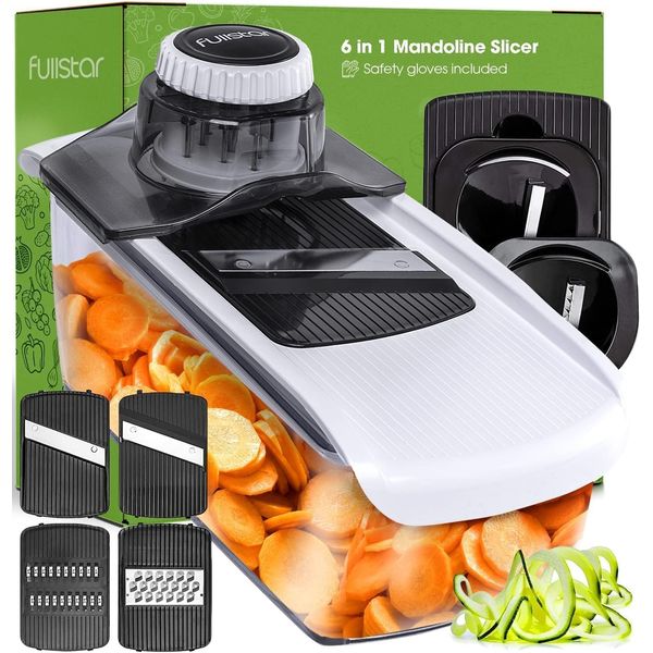 Fullstar Mandoline Slicer for Kitchen, Cheese Grater Vegetable Spiralizer and Veggie Slicer for Cooking & Meal Prep, Kitchen Gadgets Organizer & Safety Glove Included (6 in 1, White)