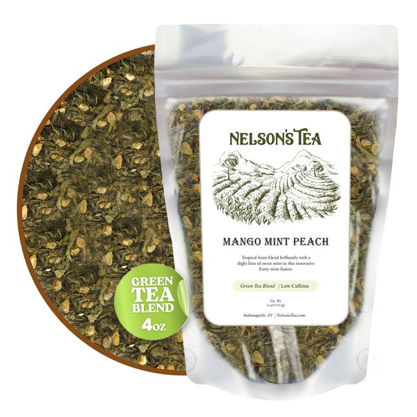 Nelson's Tea Mango Mint Peach - Sencha Green Tea with Ginger Root, Spearmint Leaf, and Dried Mango Loose Leaf Tea (4 oz)