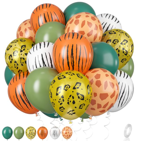 Jungle Balloons, 12 Inch Jungle Safari Balloons Animal Print Balloons Sage Green Olive Green For Jungle Safari Theme Party Decorations Jungle Theme Party Supplies (4 Kinds Animal Print Balloons)