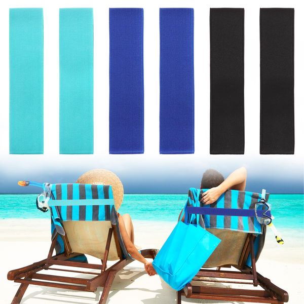 Niuoppy 6 Pcs Elastic Sunbed Towel Bands, Towel Bands for Beach, Best Beach Chair Towel Clips, Beach Towel Holder for Chair (2 Pack Black+ 2 Pack Navy Blue+2 Pack Light Blue, 1mm Thick)