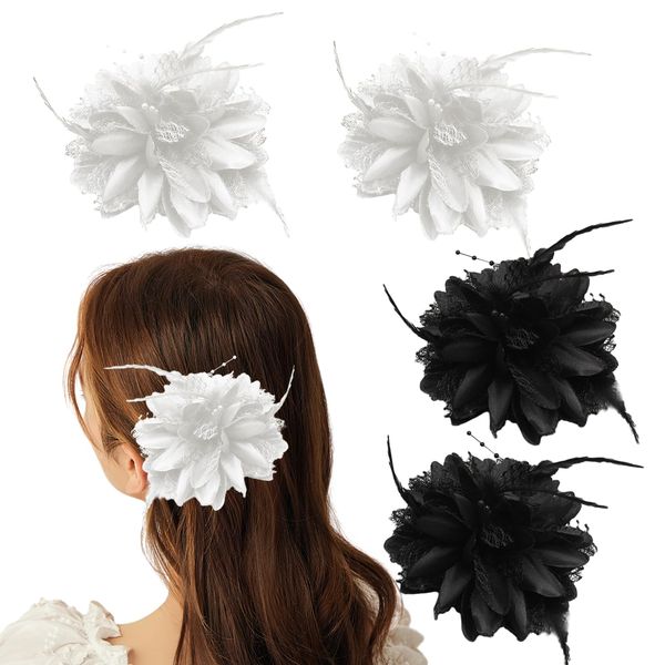 4 Pcs Feather Flower Hair Clip, Elegant Feather Hair Clip Black & White Bridal Floral Hairpin Vintage Style Feather Brooch for Women Girls