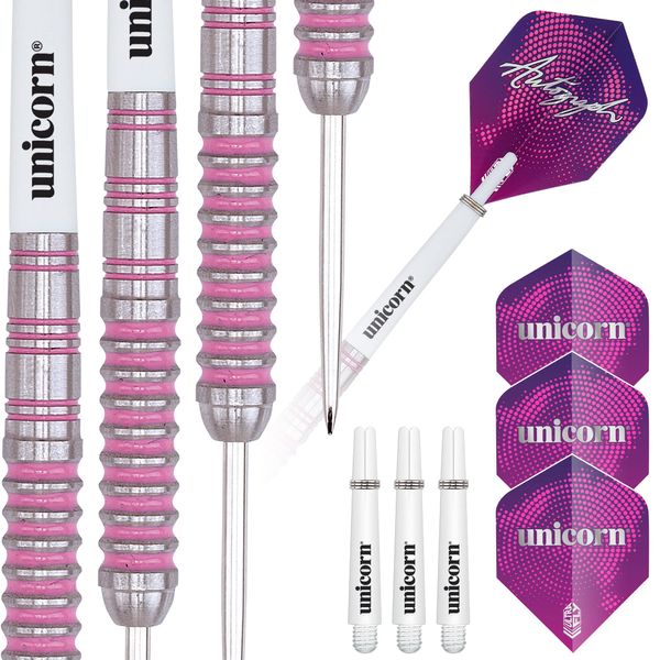 Unicorn Steel Tip Darts Set | Autograph Series Style 1 | 80% Natural Tungsten Barrels with Pink Accents | 26 g