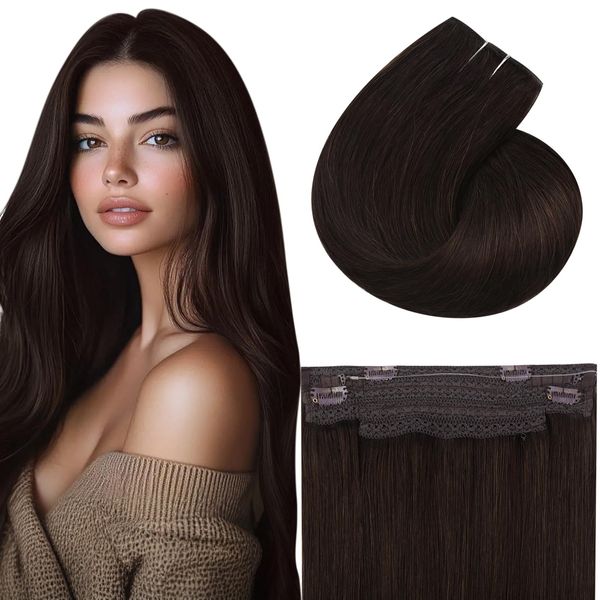 Vivien Wire Hair Extensions Real Human Hair Darkest Brown Hidden Wire Hair Extensions Straight Clip in One Piece Secret Wire Hair Extensions 80g #2 14 Inch