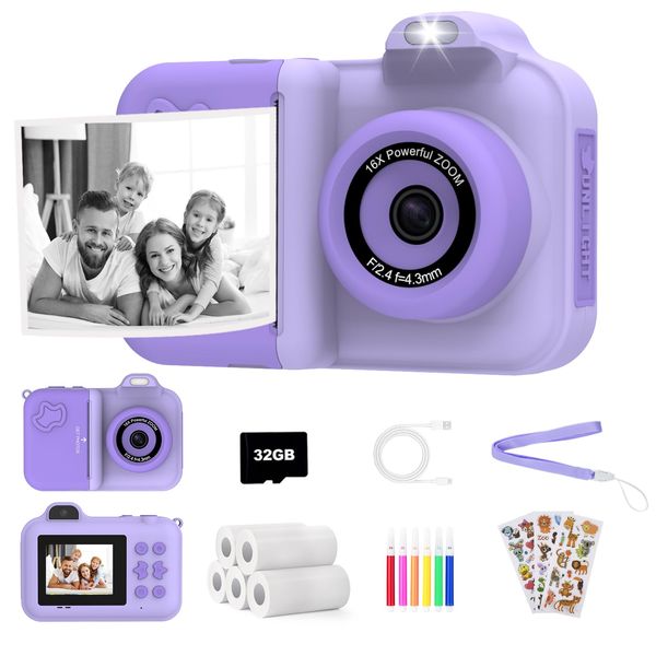 Kids Camera Instant Print,Kids Digital Camera 1080P HD Dual-Lens Selfie,Instant Print Camera with 5 Rolls Paper & 32GB Card,Toddler Camera Christmas Birthday Gifts for Girls Boys Age 3-12