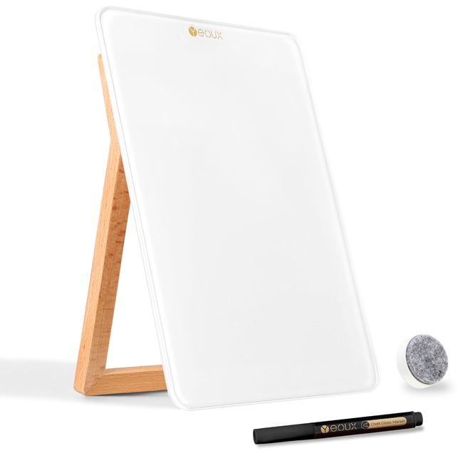 Desktop Glass Whiteboard with Reversible Wood Stand, Small White Board, Mini Dry Erase Whiteboard Easel for Desk, Reusable Desk Notepad 9.5"x6.7" for Home, Office, Accessories Included, Yeoux