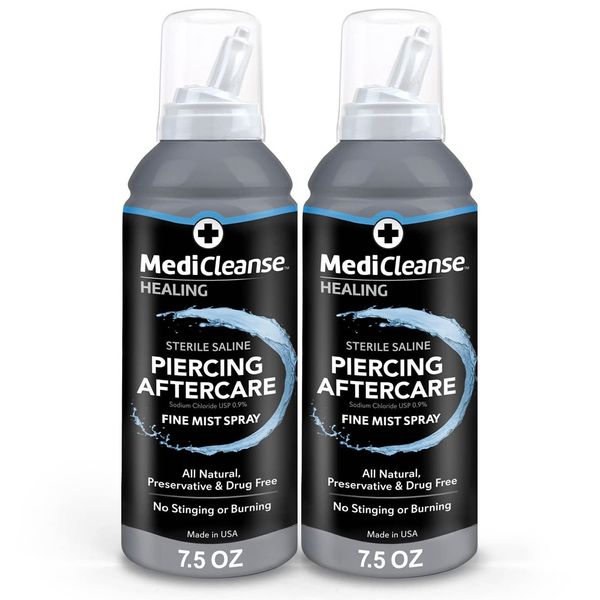 MediCleanse Sterile Saline Piercing Fine Mist Spray 7.5 Ounce, Pack of 2, All Natural, No Alcohol, Vegan Friendly, for Piercings and Tattoos