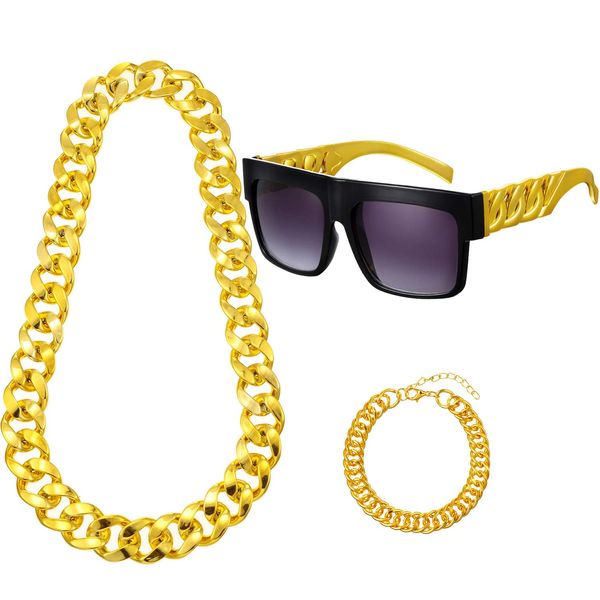 Hicarer 80s 90s Rapper Costume Hip Hop Costume for Men Fake Gold Chain Flat Top Sunglasses Big Link Chain Necklace, Bracelet (Classic)