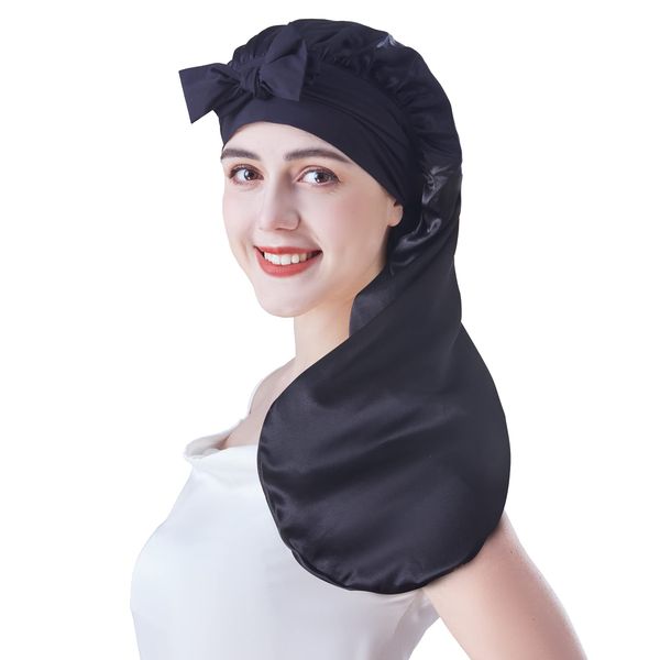 Cocheng Mulberry Silk Bonnet for Sleeping Long Silk Bonnet for Curly Hair Braids Bonnet for Women Silk Bonnet with Tie Band Black