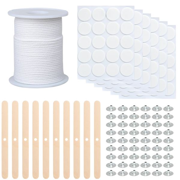 200ft Candle Wicks, Smokeless Natural Cotton Candle Wicks, with 10 Wooden Sticks, 100 Stickers, and 100 Wax Wick Holders, Candle Making Supplies Kit for Candle Making and DIY Project