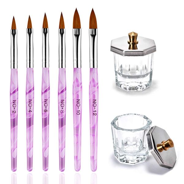 Kalolary 2Pcs Nail Art Dappen Dish with 6Pcs Acrylic Nail Brush Set, Mini Glass Nail Cup with Lid Glass Crystal Bowl Acrylic UV Gel DIY Brush Nail Crystal Cup Set Acrylic Liquid Powder Styling Tool