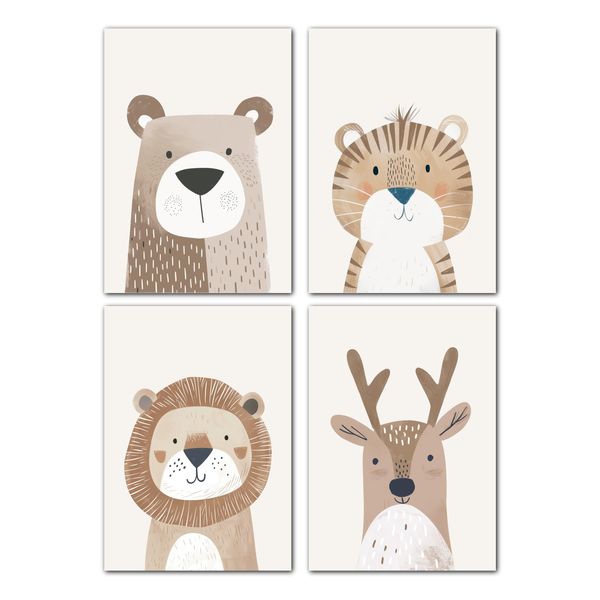 LAVEMA Bilder Babyzimmer Deko | Kinderzimmer Poster Tiere Beige | Poster A4 (21x30cm) ohne Bilderrahmen | Deko Bilder Kinderzimmer Mädchen und Jungen