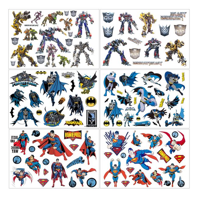 6 Sheets Temporary Tattoo Set, Superman Batman Transformer Fake Waterproof Temporary Tattoo Sticker for Boy Girl Teens Birthday Party Bags Fillers Favors Supplies Gifts Goodies Decoration