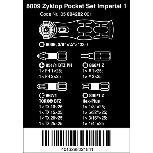 Wera 05004282001 8009 Zyklop Pocket Set Imperial 1, Ratchet Set, 13 Pieces, Black/Green