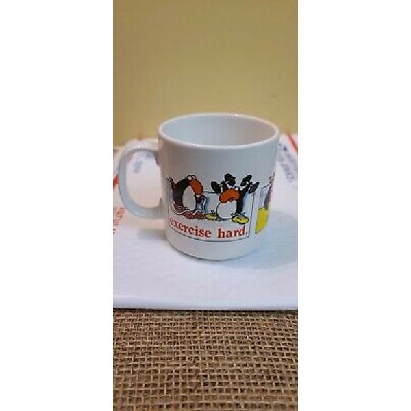 Vintage Jim Benton 1987 Russ Coffee Mug Cup Penguin Exercise Hard Eat Die Anyway