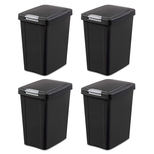 Sterilite 7.5 Gallon TouchTop Wastebasket with Lid That Opens with Touch, Conceals Trash in the Kitchen, Bathroom, Mudroom or Office, Black, 4-Pack