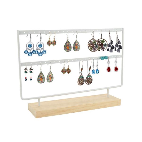 SUSSURRO Earring Stand Display, Jewelry Organiser for Hanging Earrings, Earring Holder Jewelry Display Wood Stand, Tabletop Jewelry Display Rack for Women Girls (44 Holes & 2 Layers)