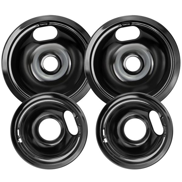 W10290350 W10290353 Porcelain Burner Drip Pan Bowls Replacement by Blutoget - Compatible for Whirl-pool Electric Range Cooktop Includes 2 Pack 8-Inch and 2 Pack 6-Inch Pans(Black Porcelain),W10288051