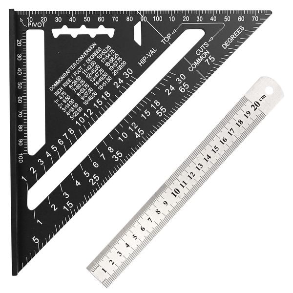 Aluminum 7 Inch Ruler Have Three Corners Metric, Carpenter Measuring Square Aluminum Speed Square Layout Tool with Stainless Steel Ruler for Woodworking Engineer Carpenter (Black)