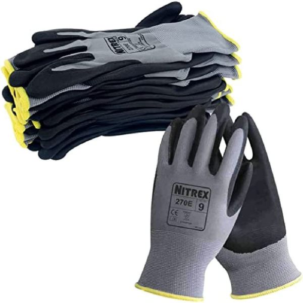 Nitrex 270E Work Gloves - General Handling Safety Gloves Abrasion Resistant with Polyester Liner and Foam Nitrile Palm Coating Enhanced Grip, Mechanical and Industrial Protection - 10 Pairs - Size 9