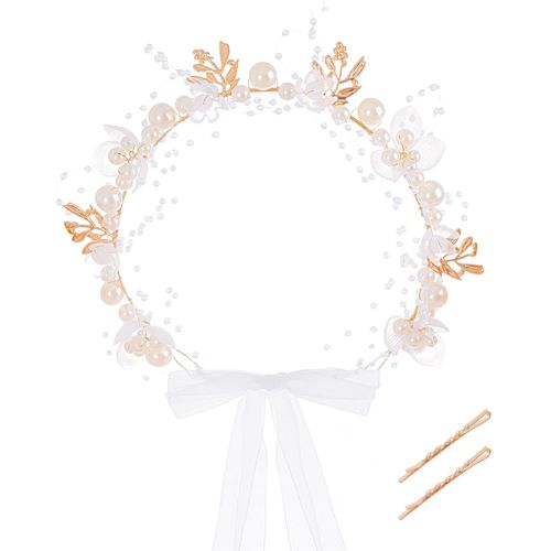 Lystaii Girls First Communion Headband Wedding Flower Girl Headpiece Princess Flower Crystal Rhinestone Pearl Headband Bridal Hair Accessories Floral Crown Prom Photography for Girls and Women (White)