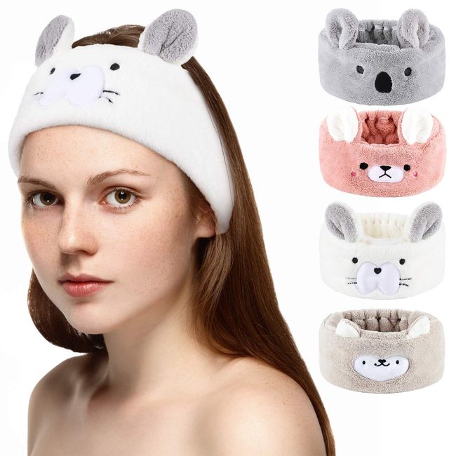 Chuangdi 4 Pieces Makeup Spa Headband Animal Headband for Washing Face Coral Fleece Cosmetic Headband Plush Animal Ears Shower Hairband for Women Girls (Adorable Style)