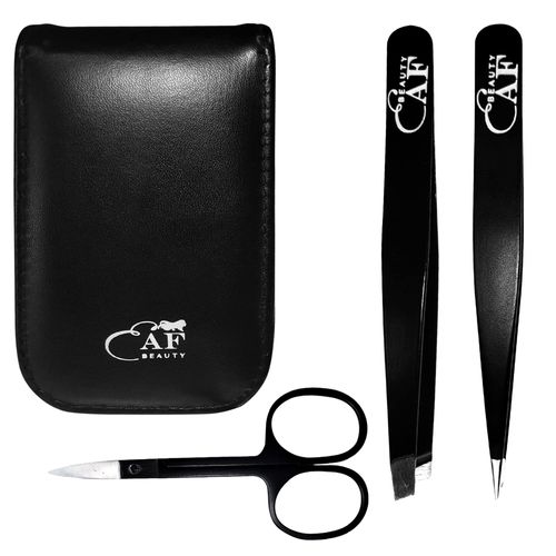 EAF Beauty eyebrow tweezer set, best grooming hair remover, heavy duty craft tweezers, sharp tweezers, and brow tweezers. fine point tweezers, with travel case (black)