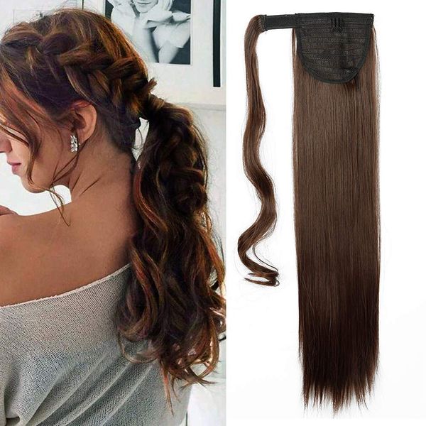 Wrap Around Ponytail Hair Extension 23inch One Piece Clip in Pony Tail Light Brown Synthetic Straight Hairpiece