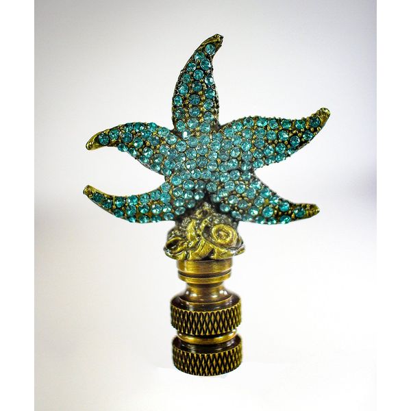 Starfish with Aagean Blue Glass Lamp Finial Antique Metal 2.25" h